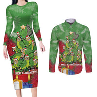 Kakapo New Zealand Christmas Couples Matching Long Sleeve Bodycon Dress and Long Sleeve Button Shirt Meri Kirihimete Pohutukawa - Green Color LT14 Green - Polynesian Pride