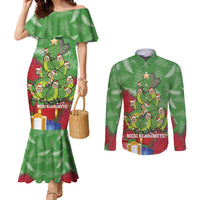 Kakapo New Zealand Christmas Couples Matching Mermaid Dress and Long Sleeve Button Shirt Meri Kirihimete Pohutukawa - Green Color LT14 Green - Polynesian Pride