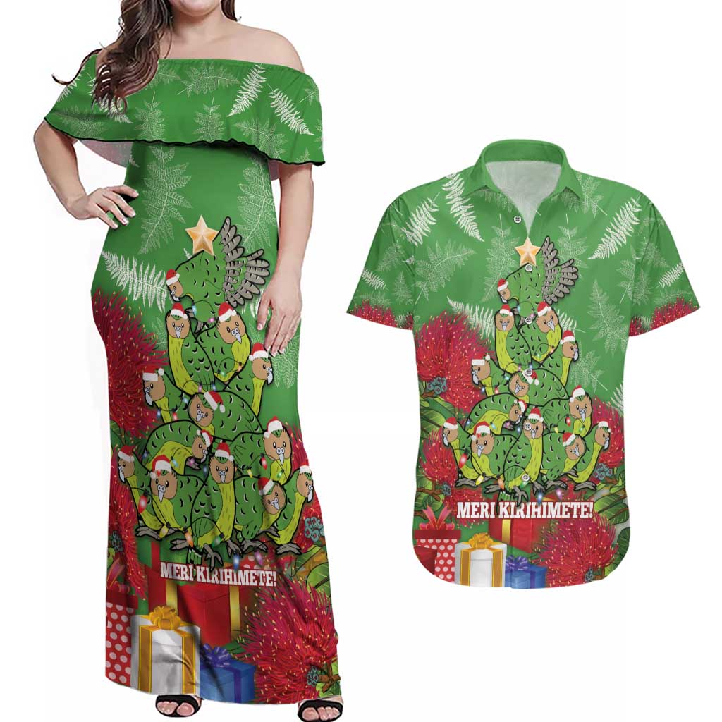 Kakapo New Zealand Christmas Couples Matching Off Shoulder Maxi Dress and Hawaiian Shirt Meri Kirihimete Pohutukawa - Green Color LT14 Green - Polynesian Pride