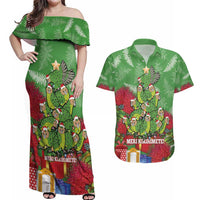 Kakapo New Zealand Christmas Couples Matching Off Shoulder Maxi Dress and Hawaiian Shirt Meri Kirihimete Pohutukawa - Green Color LT14 Green - Polynesian Pride