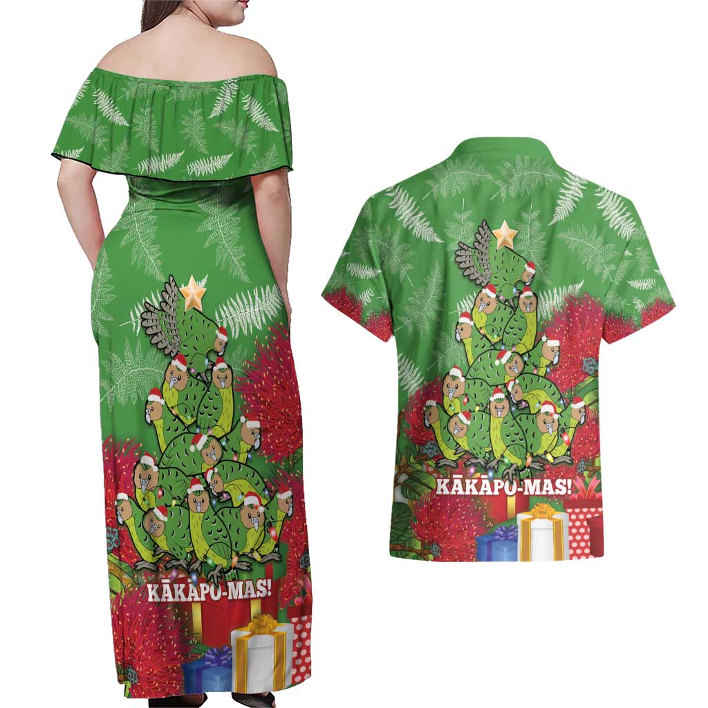 Kakapo New Zealand Christmas Couples Matching Off Shoulder Maxi Dress and Hawaiian Shirt Meri Kirihimete Pohutukawa - Green Color LT14 - Polynesian Pride
