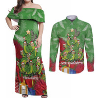 Kakapo New Zealand Christmas Couples Matching Off Shoulder Maxi Dress and Long Sleeve Button Shirt Meri Kirihimete Pohutukawa - Green Color LT14 Green - Polynesian Pride