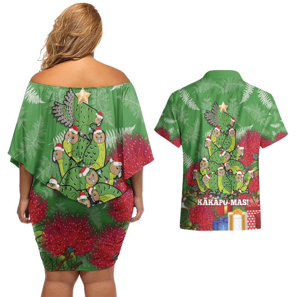 Kakapo New Zealand Christmas Couples Matching Off Shoulder Short Dress and Hawaiian Shirt Meri Kirihimete Pohutukawa - Green Color LT14 - Polynesian Pride