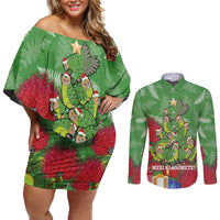 Kakapo New Zealand Christmas Couples Matching Off Shoulder Short Dress and Long Sleeve Button Shirt Meri Kirihimete Pohutukawa - Green Color LT14 Green - Polynesian Pride