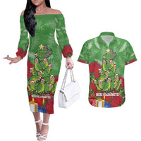 Kakapo New Zealand Christmas Couples Matching Off The Shoulder Long Sleeve Dress and Hawaiian Shirt Meri Kirihimete Pohutukawa - Green Color LT14 Green - Polynesian Pride