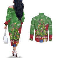 Kakapo New Zealand Christmas Couples Matching Off The Shoulder Long Sleeve Dress and Long Sleeve Button Shirt Meri Kirihimete Pohutukawa - Green Color LT14 - Polynesian Pride