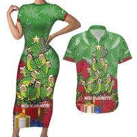 Kakapo New Zealand Christmas Couples Matching Short Sleeve Bodycon Dress and Hawaiian Shirt Meri Kirihimete Pohutukawa - Green Color LT14 Green - Polynesian Pride