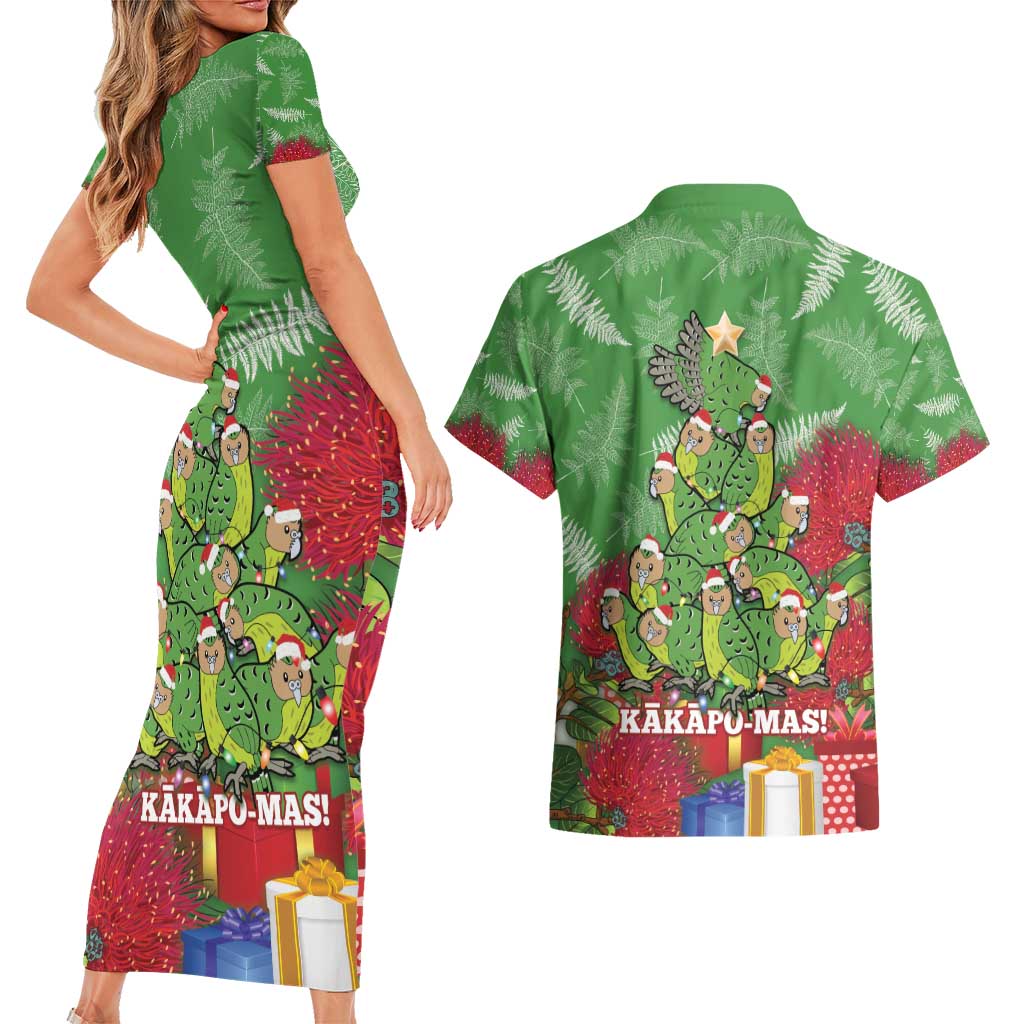 Kakapo New Zealand Christmas Couples Matching Short Sleeve Bodycon Dress and Hawaiian Shirt Meri Kirihimete Pohutukawa - Green Color LT14 - Polynesian Pride