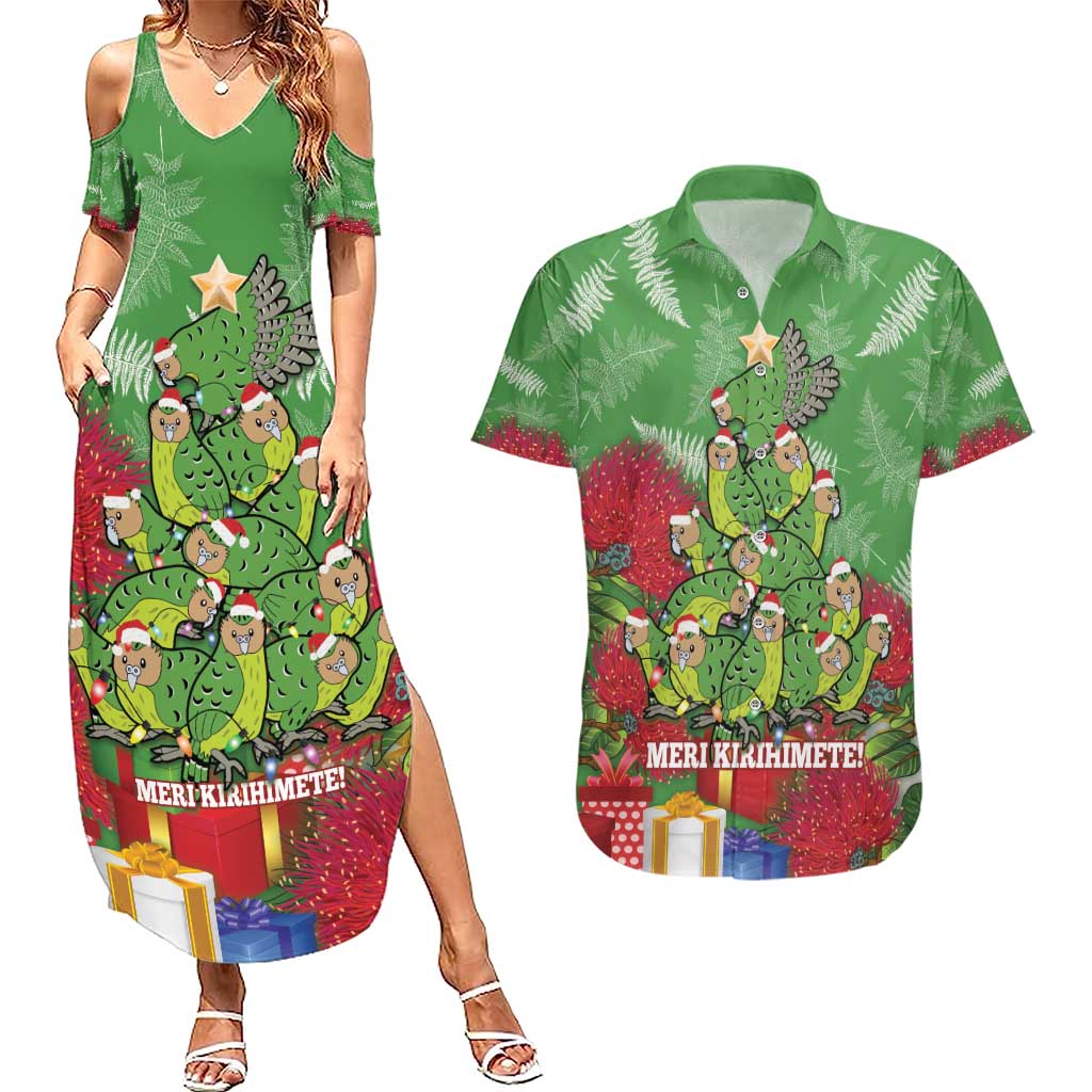 Kakapo New Zealand Christmas Couples Matching Summer Maxi Dress and Hawaiian Shirt Meri Kirihimete Pohutukawa - Green Color LT14 Green - Polynesian Pride
