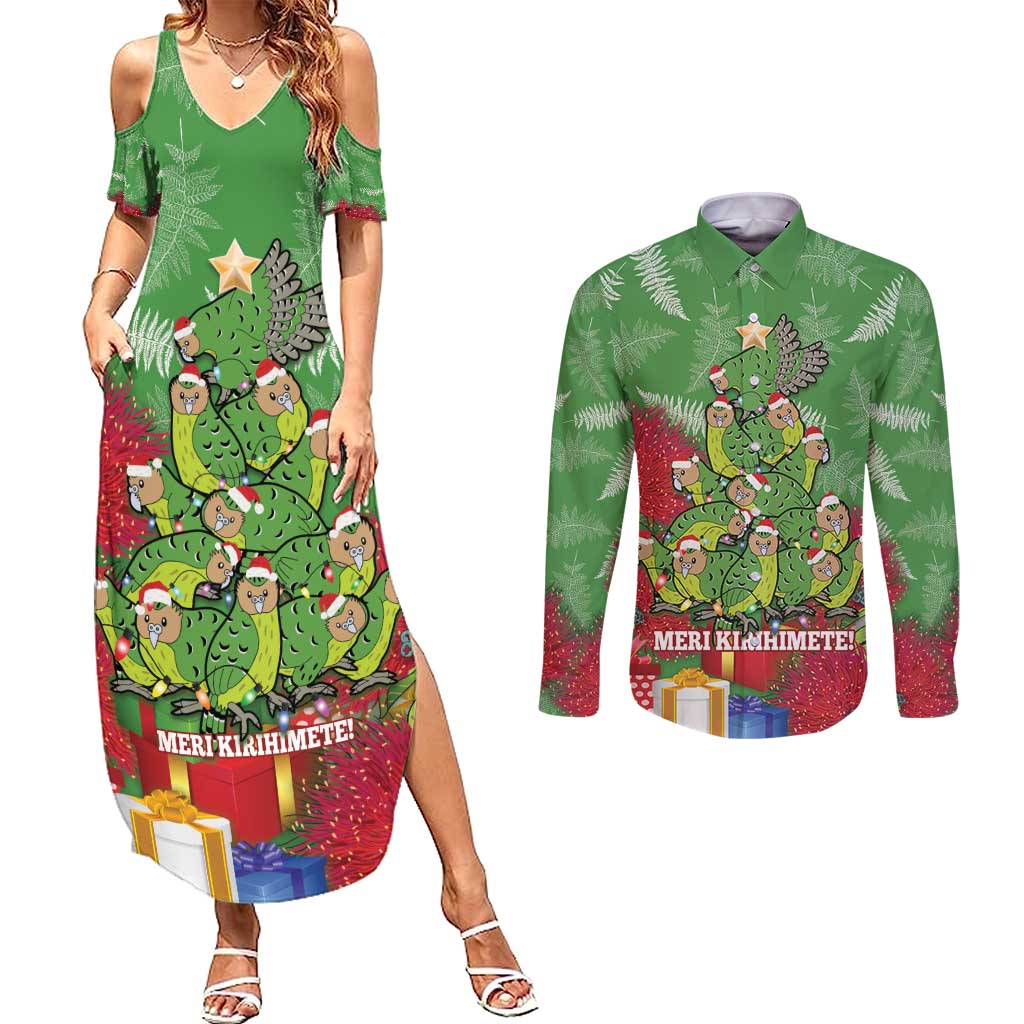 Kakapo New Zealand Christmas Couples Matching Summer Maxi Dress and Long Sleeve Button Shirt Meri Kirihimete Pohutukawa - Green Color LT14 Green - Polynesian Pride