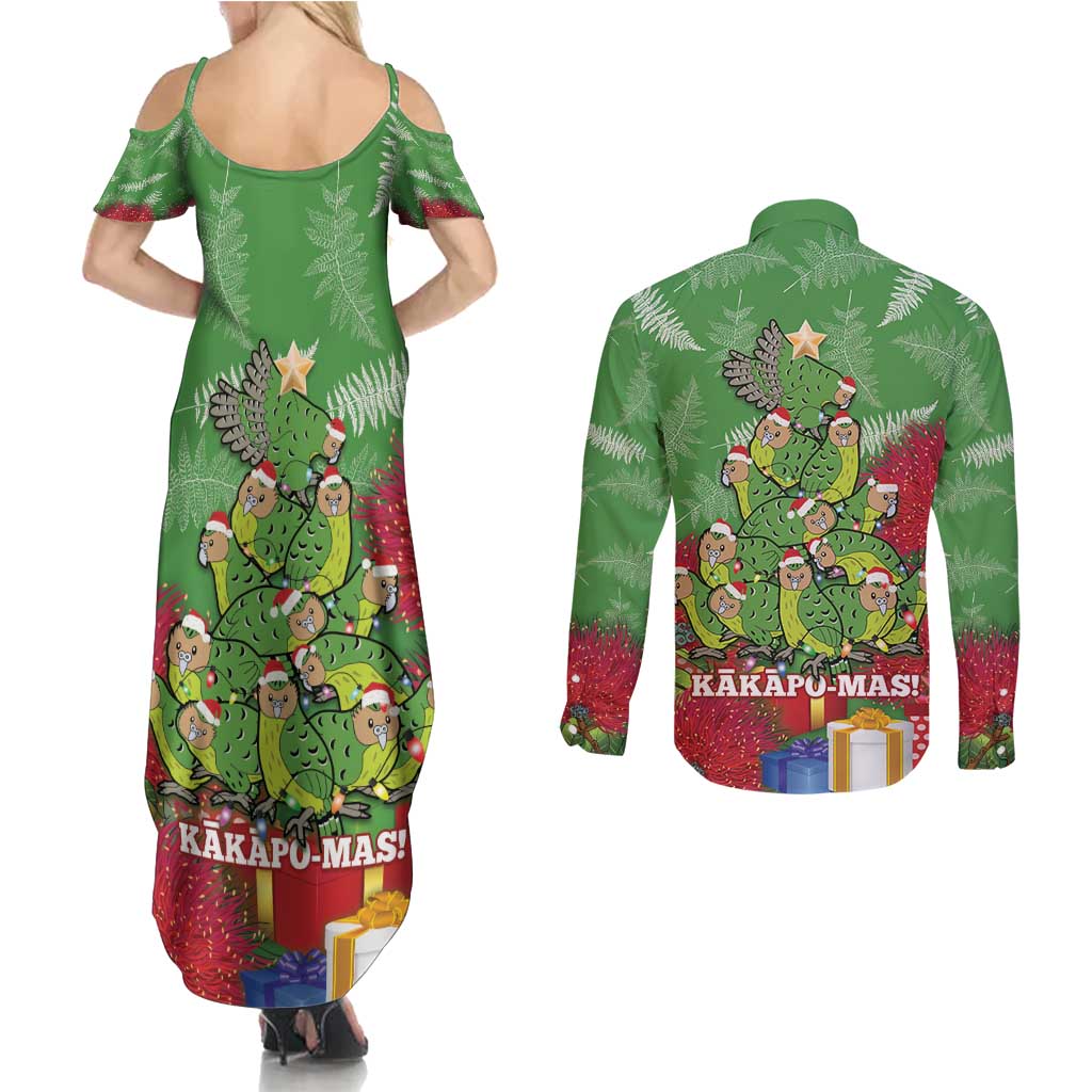 Kakapo New Zealand Christmas Couples Matching Summer Maxi Dress and Long Sleeve Button Shirt Meri Kirihimete Pohutukawa - Green Color LT14 - Polynesian Pride