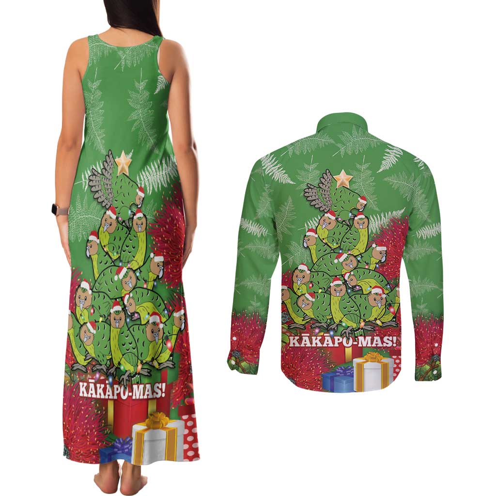 Kakapo New Zealand Christmas Couples Matching Tank Maxi Dress and Long Sleeve Button Shirt Meri Kirihimete Pohutukawa - Green Color LT14 - Polynesian Pride