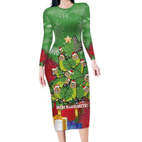 Kakapo New Zealand Christmas Family Matching Long Sleeve Bodycon Dress and Hawaiian Shirt Meri Kirihimete Pohutukawa - Green Color LT14 Mom's Dress Green - Polynesian Pride