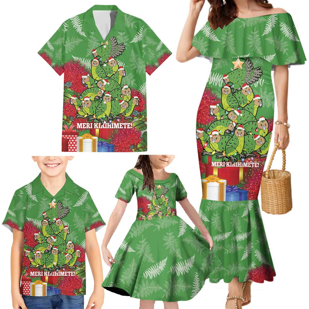 Kakapo New Zealand Christmas Family Matching Mermaid Dress and Hawaiian Shirt Meri Kirihimete Pohutukawa - Green Color LT14 - Polynesian Pride