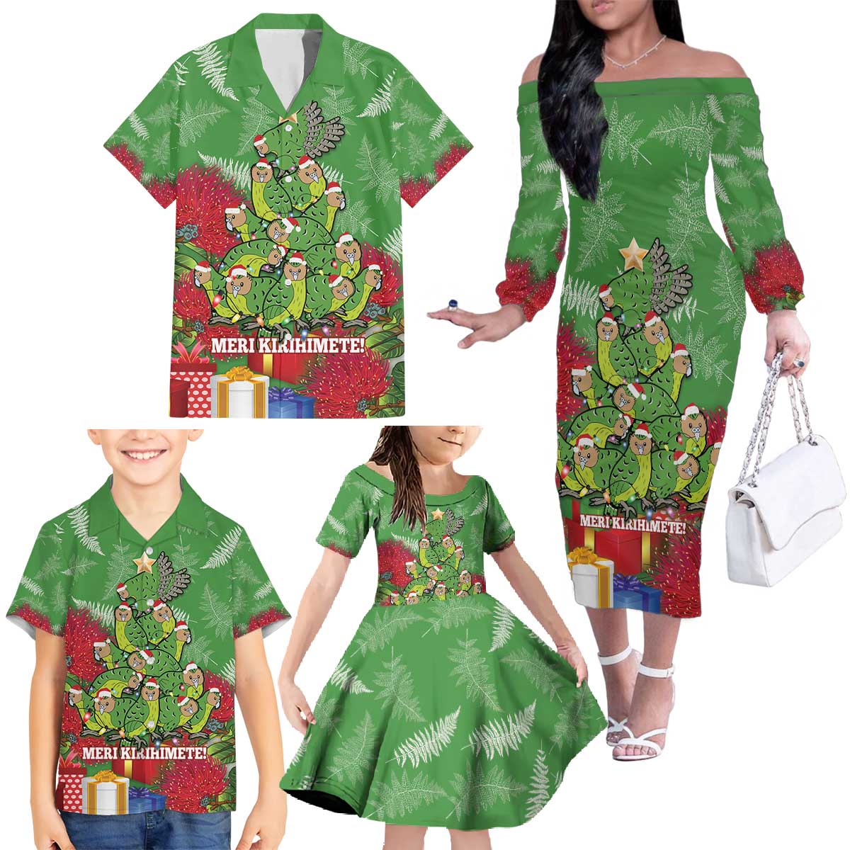 Kakapo New Zealand Christmas Family Matching Off The Shoulder Long Sleeve Dress and Hawaiian Shirt Meri Kirihimete Pohutukawa - Green Color LT14 - Polynesian Pride