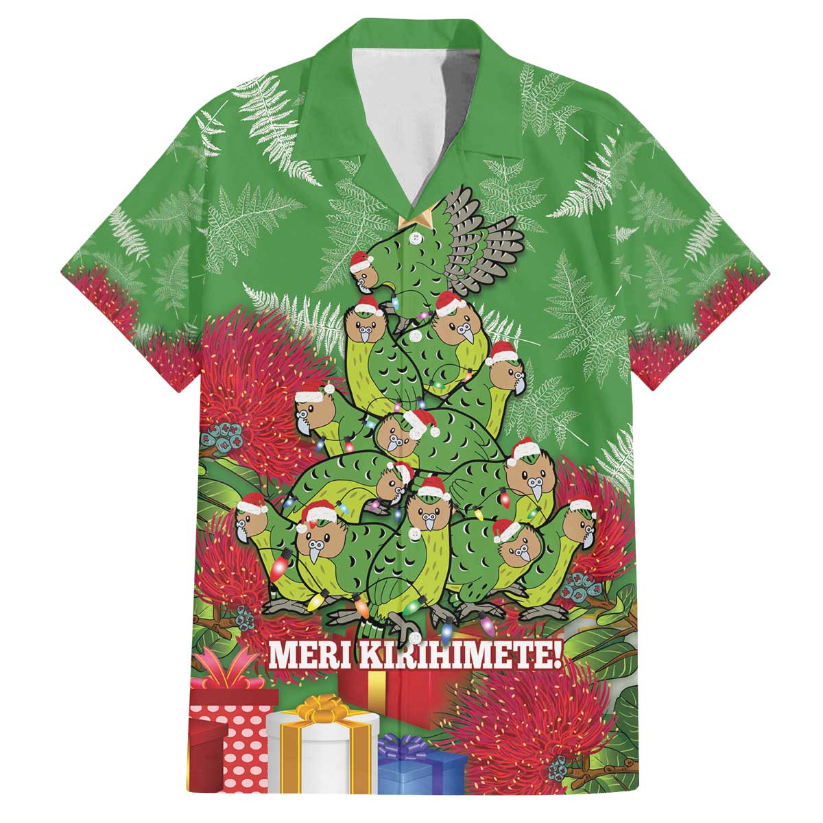 Kakapo New Zealand Christmas Family Matching Off The Shoulder Long Sleeve Dress and Hawaiian Shirt Meri Kirihimete Pohutukawa - Green Color LT14 Dad's Shirt - Short Sleeve Green - Polynesian Pride