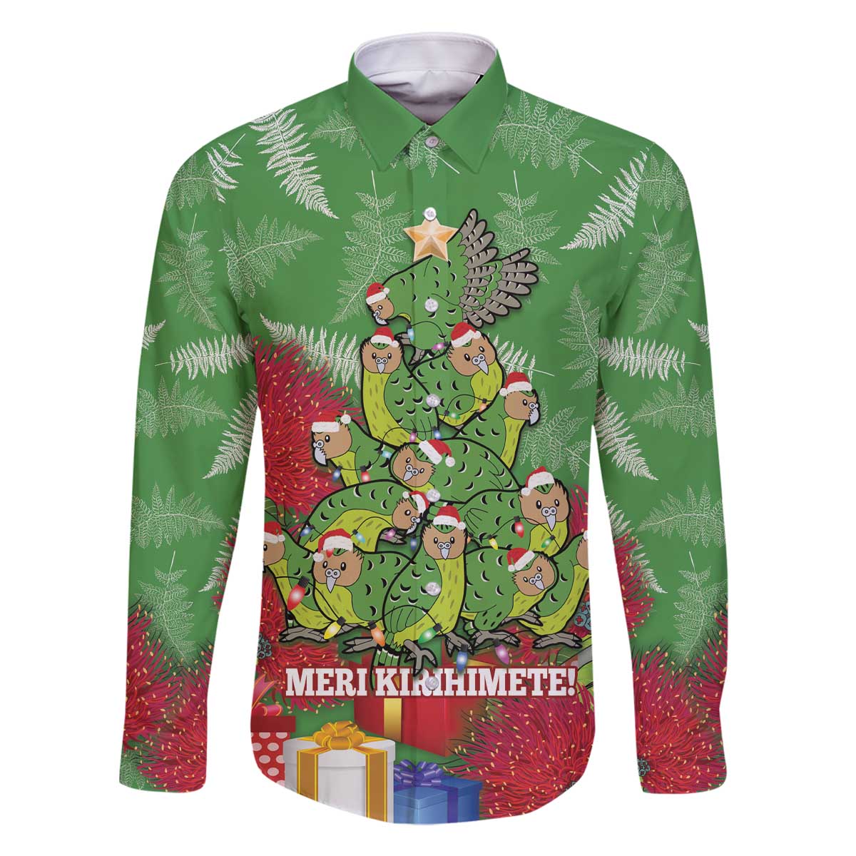 Kakapo New Zealand Christmas Family Matching Off The Shoulder Long Sleeve Dress and Hawaiian Shirt Meri Kirihimete Pohutukawa - Green Color LT14 Dad's Shirt - Long Sleeve Green - Polynesian Pride