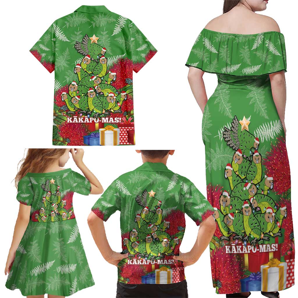 Kakapo New Zealand Christmas Family Matching Off Shoulder Maxi Dress and Hawaiian Shirt Meri Kirihimete Pohutukawa - Green Color LT14 - Polynesian Pride