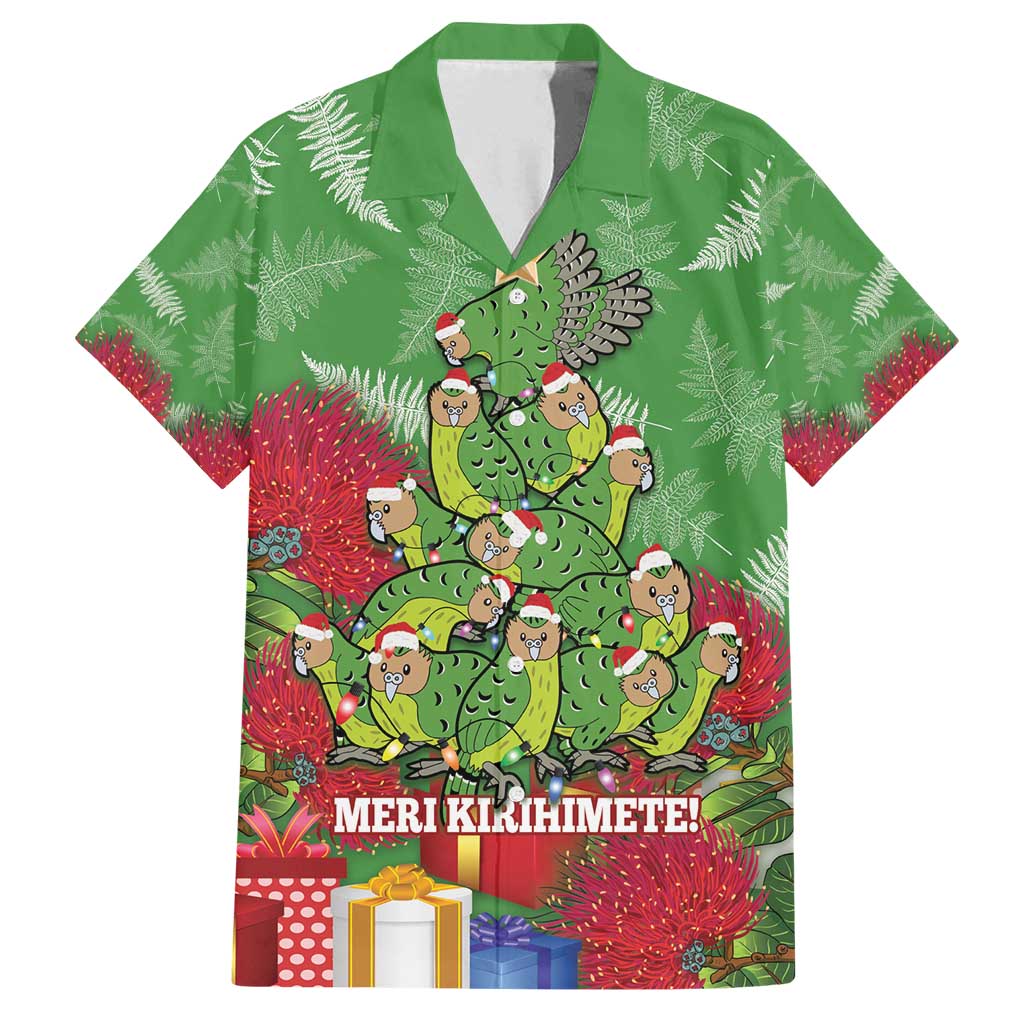 Kakapo New Zealand Christmas Family Matching Off Shoulder Short Dress and Hawaiian Shirt Meri Kirihimete Pohutukawa - Green Color LT14 Dad's Shirt - Short Sleeve Green - Polynesian Pride