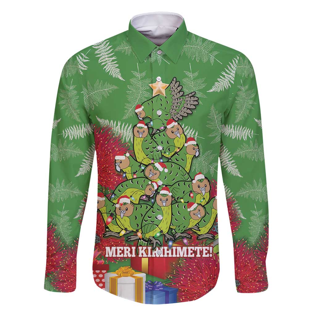 Kakapo New Zealand Christmas Family Matching Off Shoulder Short Dress and Hawaiian Shirt Meri Kirihimete Pohutukawa - Green Color LT14 Dad's Shirt - Long Sleeve Green - Polynesian Pride
