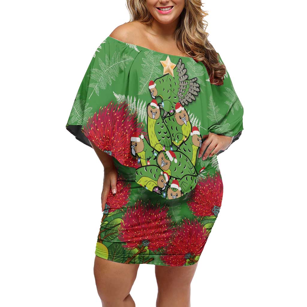 Kakapo New Zealand Christmas Family Matching Off Shoulder Short Dress and Hawaiian Shirt Meri Kirihimete Pohutukawa - Green Color LT14 Mom's Dress Green - Polynesian Pride