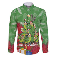 Kakapo New Zealand Christmas Family Matching Puletasi and Hawaiian Shirt Meri Kirihimete Pohutukawa - Green Color LT14 Dad's Shirt - Long Sleeve Green - Polynesian Pride