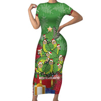 Kakapo New Zealand Christmas Family Matching Short Sleeve Bodycon Dress and Hawaiian Shirt Meri Kirihimete Pohutukawa - Green Color LT14 Mom's Dress Green - Polynesian Pride