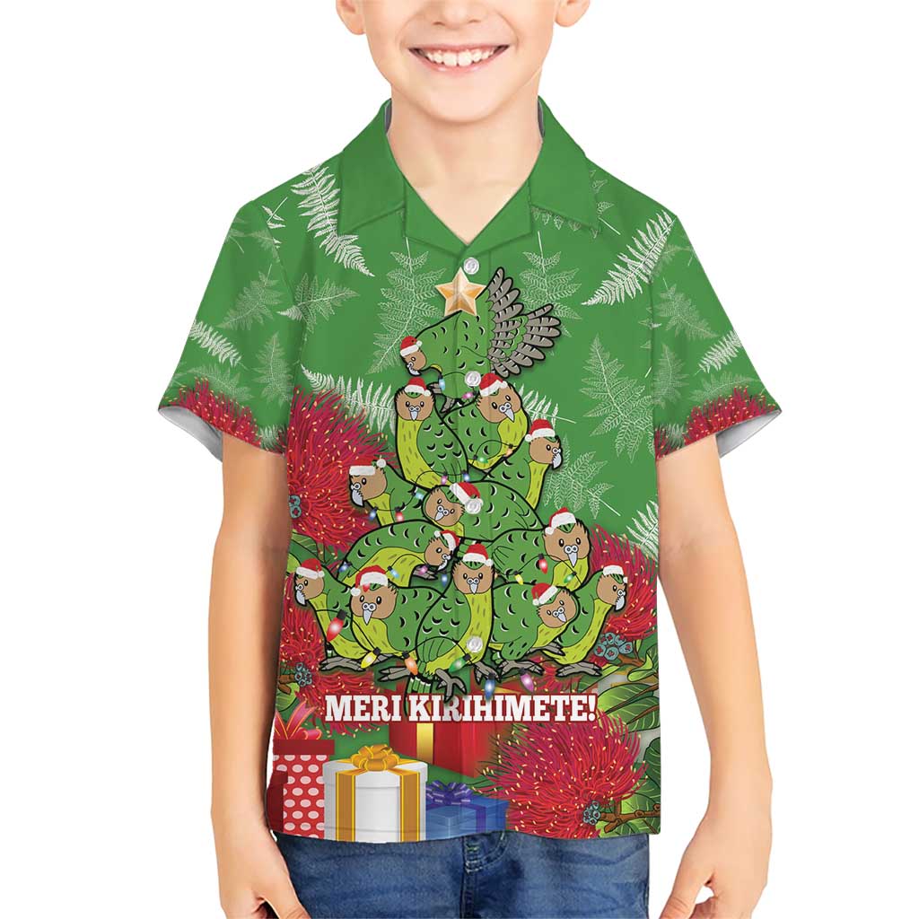 Kakapo New Zealand Christmas Family Matching Short Sleeve Bodycon Dress and Hawaiian Shirt Meri Kirihimete Pohutukawa - Green Color LT14 Son's Shirt Green - Polynesian Pride