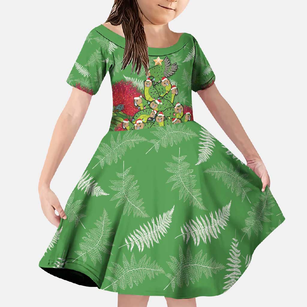 Kakapo New Zealand Christmas Family Matching Summer Maxi Dress and Hawaiian Shirt Meri Kirihimete Pohutukawa - Green Color LT14 Daughter's Dress Green - Polynesian Pride
