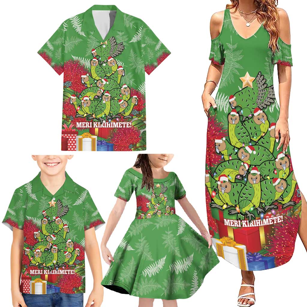 Kakapo New Zealand Christmas Family Matching Summer Maxi Dress and Hawaiian Shirt Meri Kirihimete Pohutukawa - Green Color LT14 - Polynesian Pride
