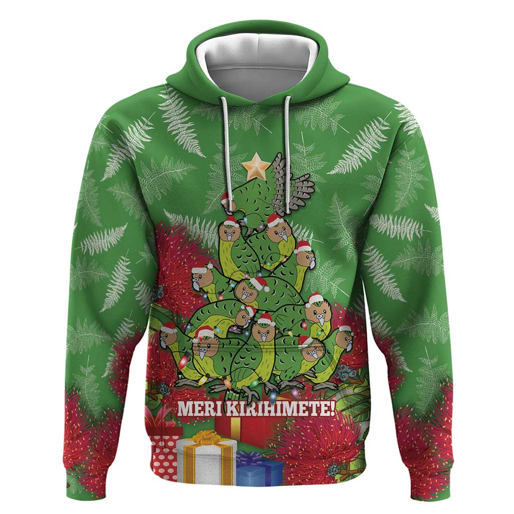 Kakapo New Zealand Christmas Hoodie Meri Kirihimete Pohutukawa - Green Color LT14 Pullover Hoodie Green - Polynesian Pride