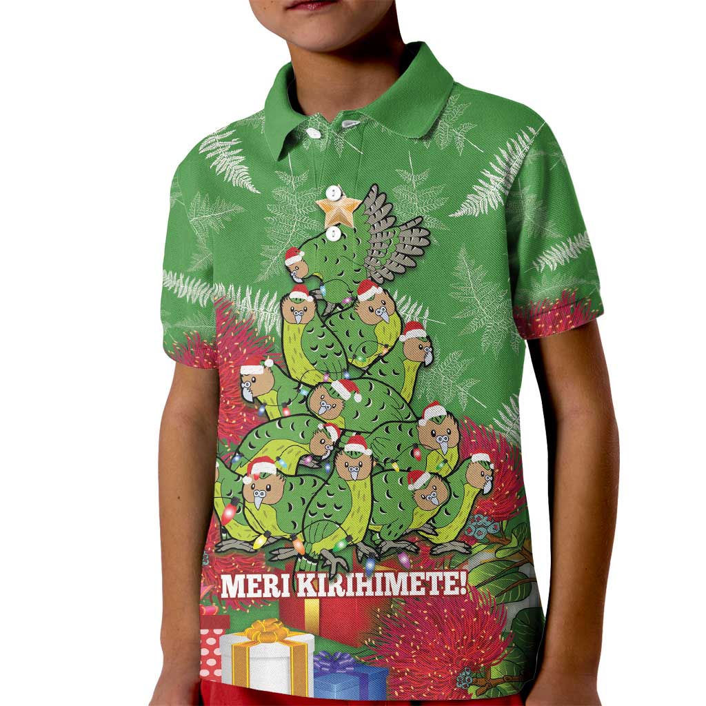 Kakapo New Zealand Christmas Kid Polo Shirt Meri Kirihimete Pohutukawa - Green Color LT14 Kid Green - Polynesian Pride