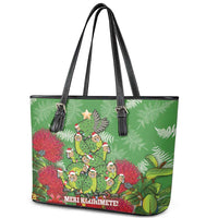 Kakapo New Zealand Christmas Leather Tote Bag Meri Kirihimete Pohutukawa - Green Color LT14 - Polynesian Pride