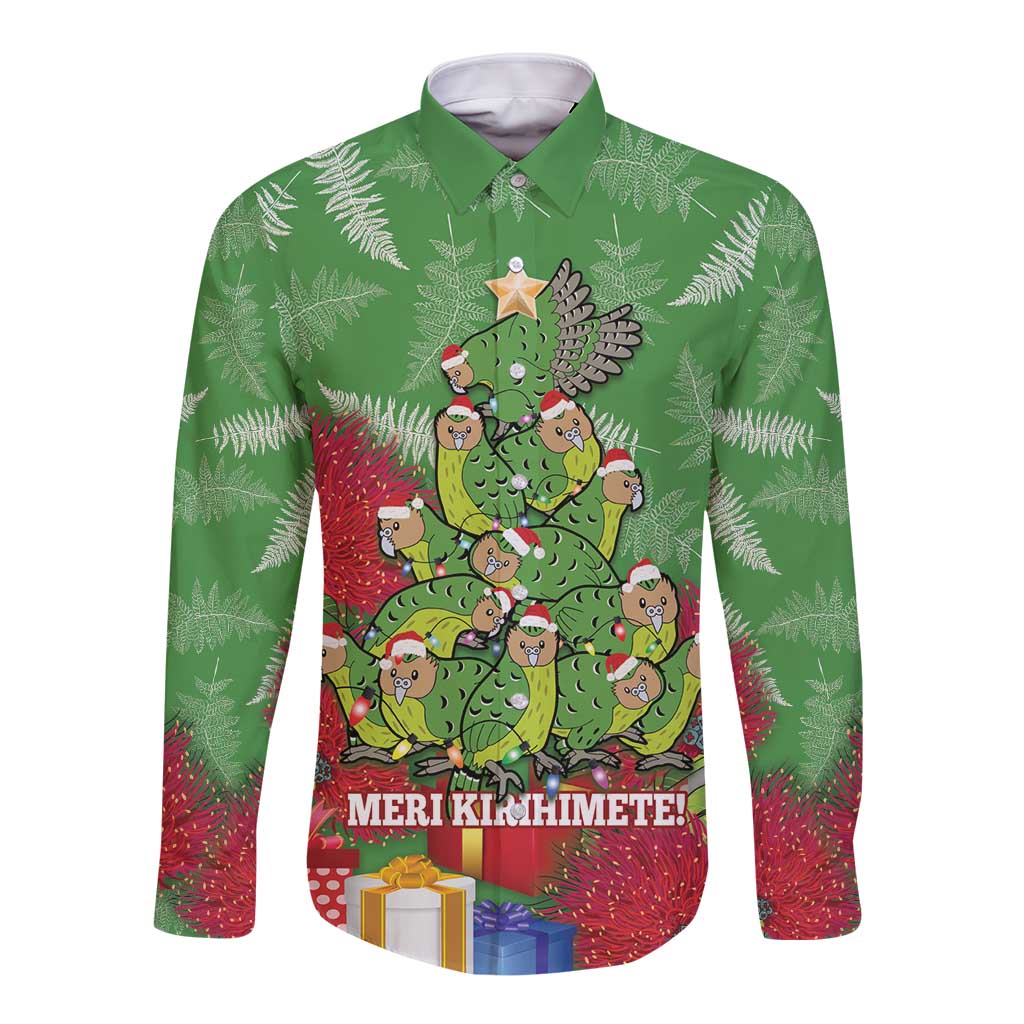 Kakapo New Zealand Christmas Long Sleeve Button Shirt Meri Kirihimete Pohutukawa - Green Color LT14 Unisex Green - Polynesian Pride