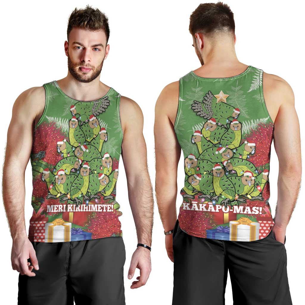 Kakapo New Zealand Christmas Men Tank Top Meri Kirihimete Pohutukawa - Green Color
