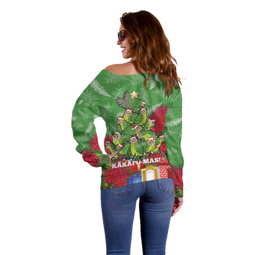 Kakapo New Zealand Christmas Off Shoulder Sweater Meri Kirihimete Pohutukawa - Green Color LT14 - Polynesian Pride