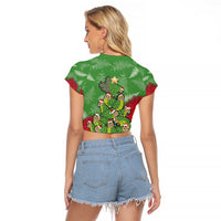 Kakapo New Zealand Christmas Raglan Cropped T Shirt Meri Kirihimete Pohutukawa - Green Color