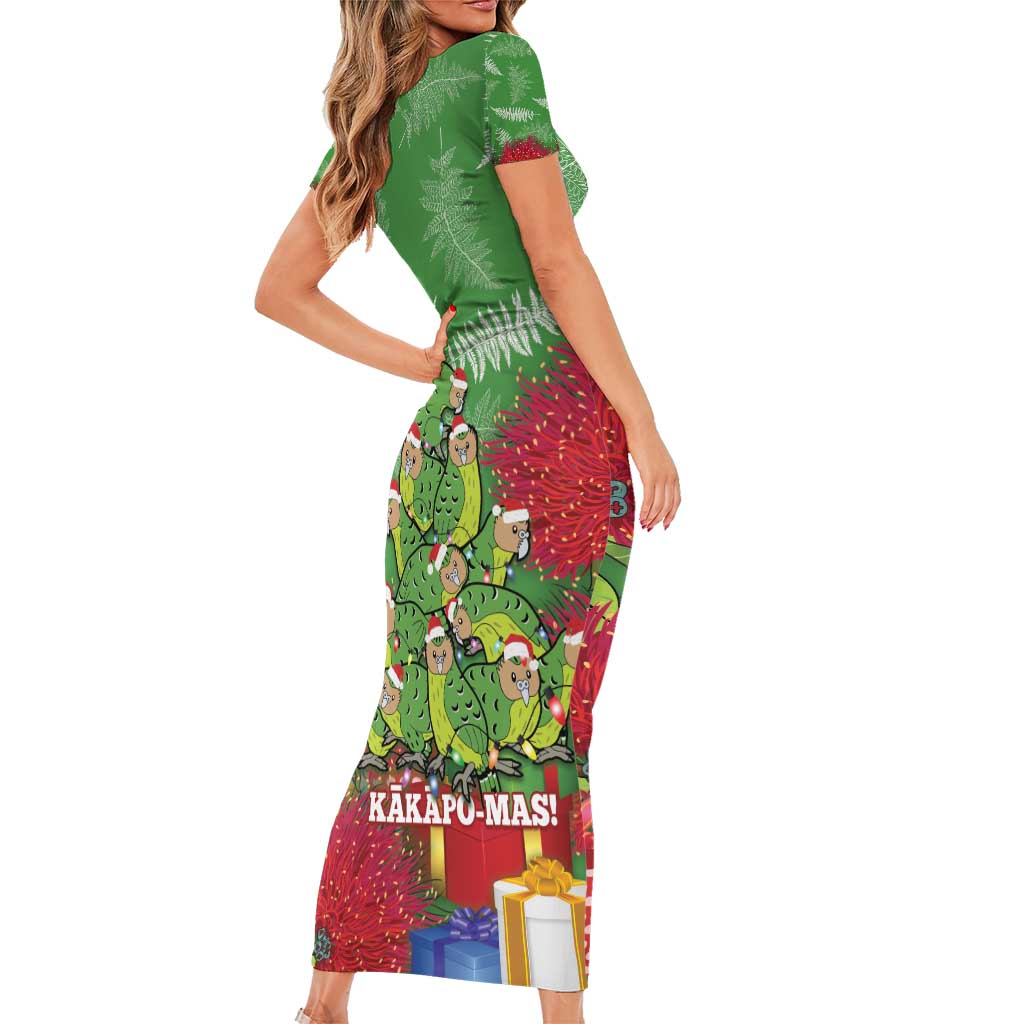Kakapo New Zealand Christmas Short Sleeve Bodycon Dress Meri Kirihimete Pohutukawa - Green Color LT14 - Polynesian Pride