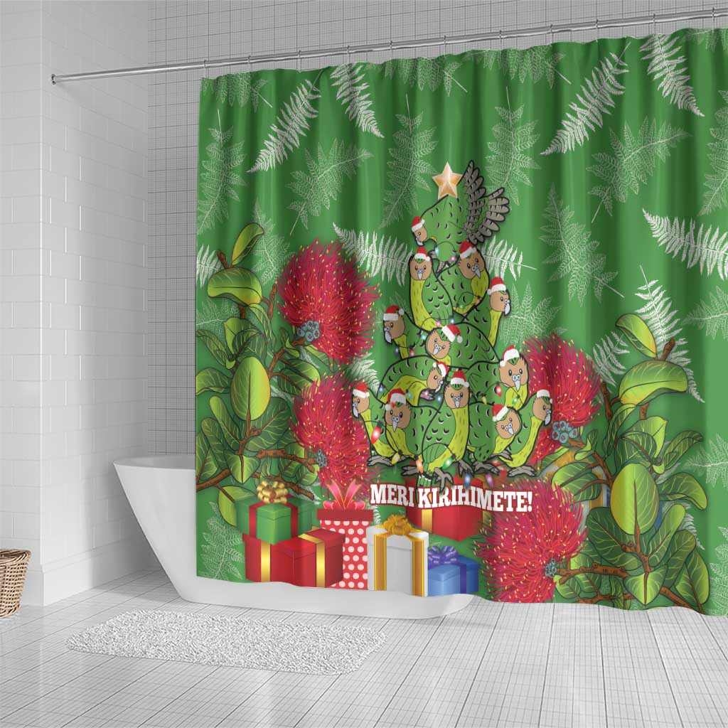 Kakapo New Zealand Christmas Shower Curtain Meri Kirihimete Pohutukawa - Green Color LT14 - Polynesian Pride