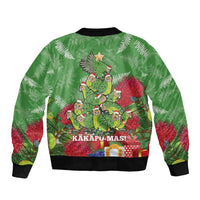 Kakapo New Zealand Christmas Sleeve Zip Bomber Jacket Meri Kirihimete Pohutukawa - Green Color