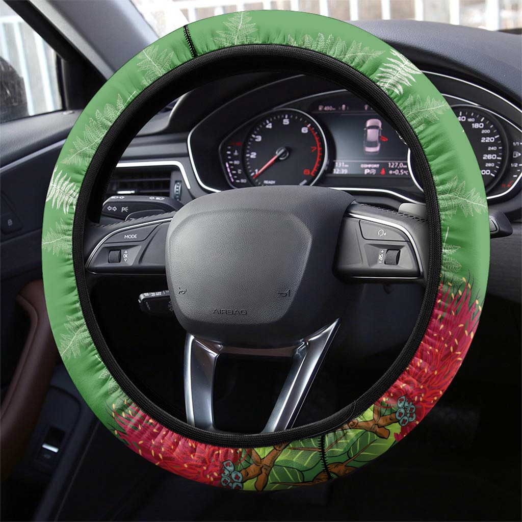 Kakapo New Zealand Christmas Steering Wheel Cover Meri Kirihimete Pohutukawa - Green Color LT14 - Polynesian Pride