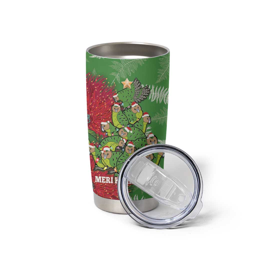 Kakapo New Zealand Christmas Tumbler Cup Meri Kirihimete Pohutukawa - Green Color LT14 - Polynesian Pride