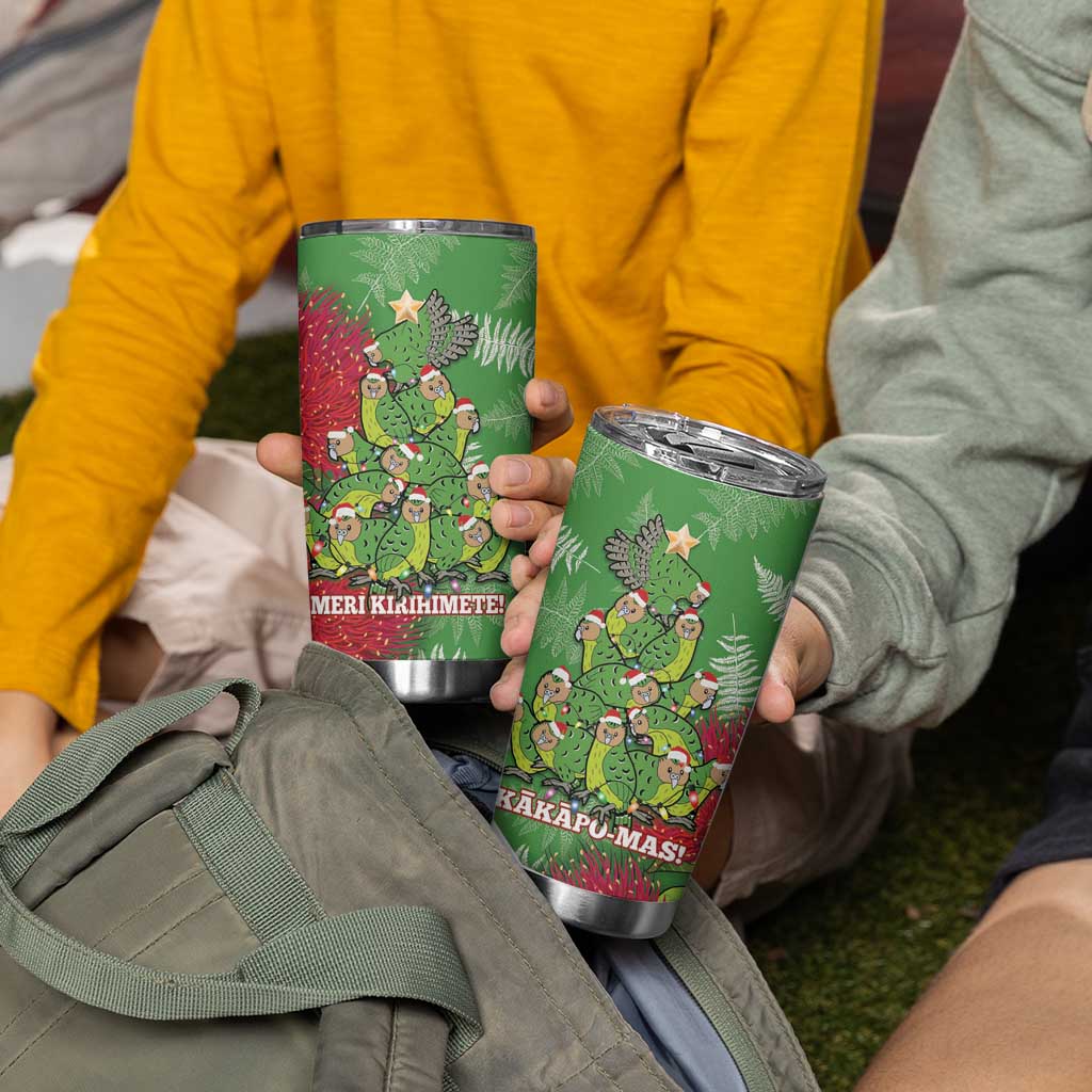 Kakapo New Zealand Christmas Tumbler Cup Meri Kirihimete Pohutukawa - Green Color LT14 - Polynesian Pride