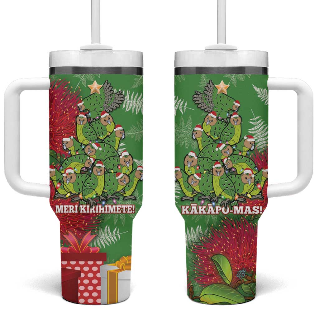 Kakapo New Zealand Christmas Tumbler With Handle Meri Kirihimete Pohutukawa - Green Color LT14 One Size: 40 oz Green - Polynesian Pride