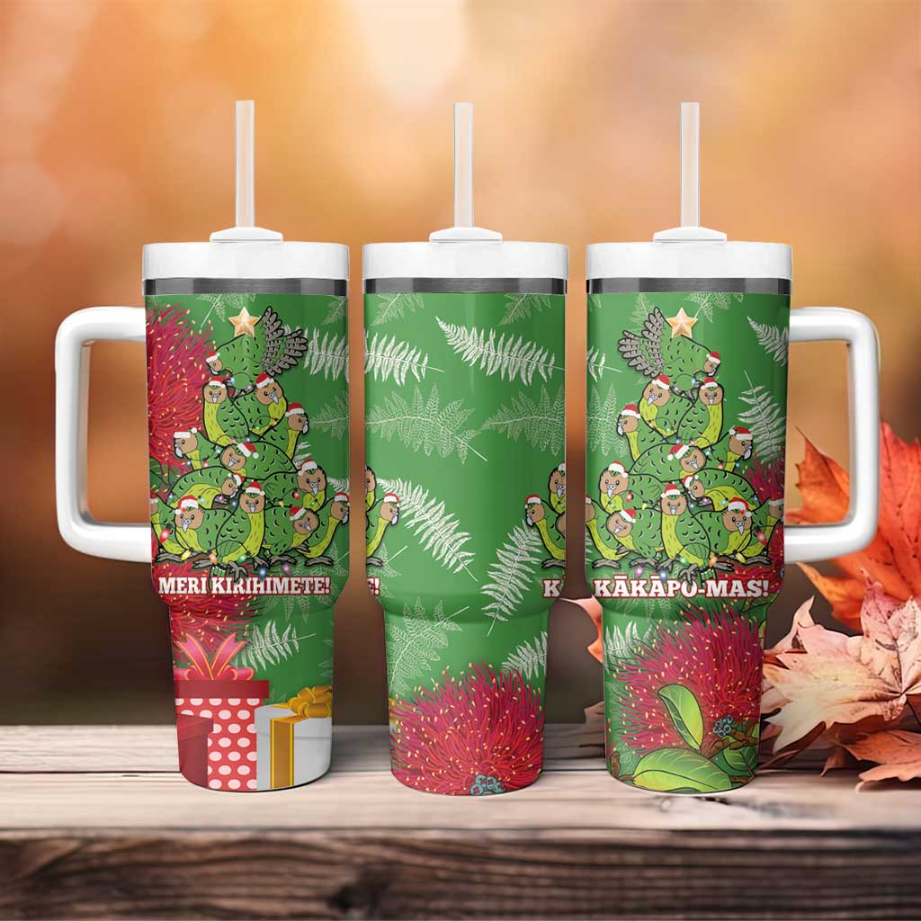 Kakapo New Zealand Christmas Tumbler With Handle Meri Kirihimete Pohutukawa - Green Color LT14 - Polynesian Pride