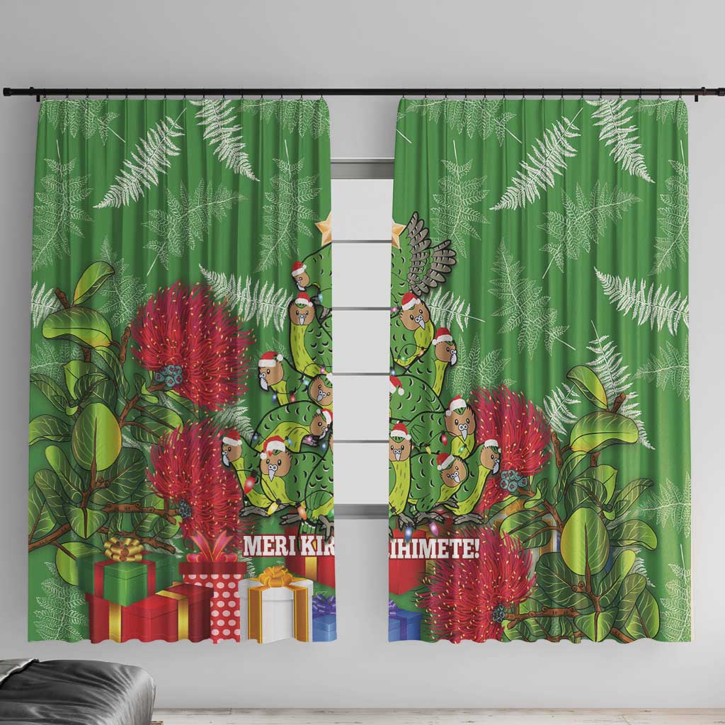 Kakapo New Zealand Christmas Window Curtain Meri Kirihimete Pohutukawa - Green Color LT14 With Hooks Green - Polynesian Pride