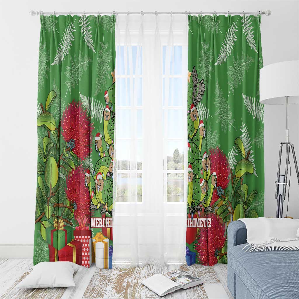 Kakapo New Zealand Christmas Window Curtain Meri Kirihimete Pohutukawa - Green Color LT14 - Polynesian Pride