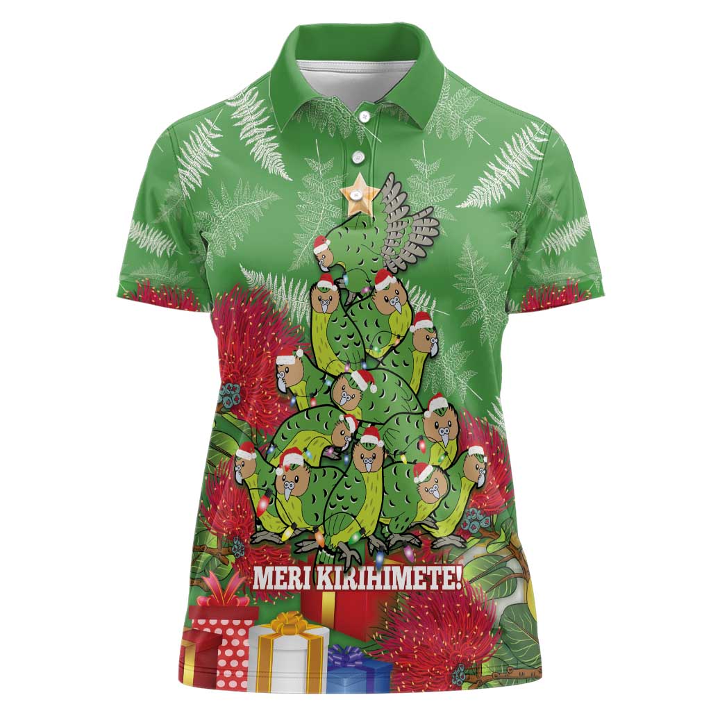 Kakapo New Zealand Christmas Women Polo Shirt Meri Kirihimete Pohutukawa - Green Color LT14 Female Green - Polynesian Pride