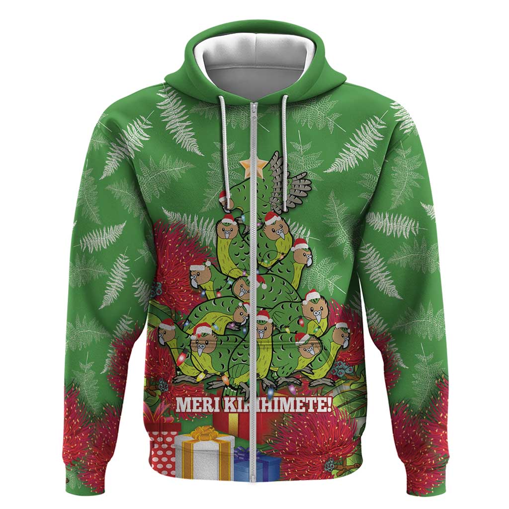 Kakapo New Zealand Christmas Zip Hoodie Meri Kirihimete Pohutukawa - Green Color LT14 Zip Hoodie Green - Polynesian Pride
