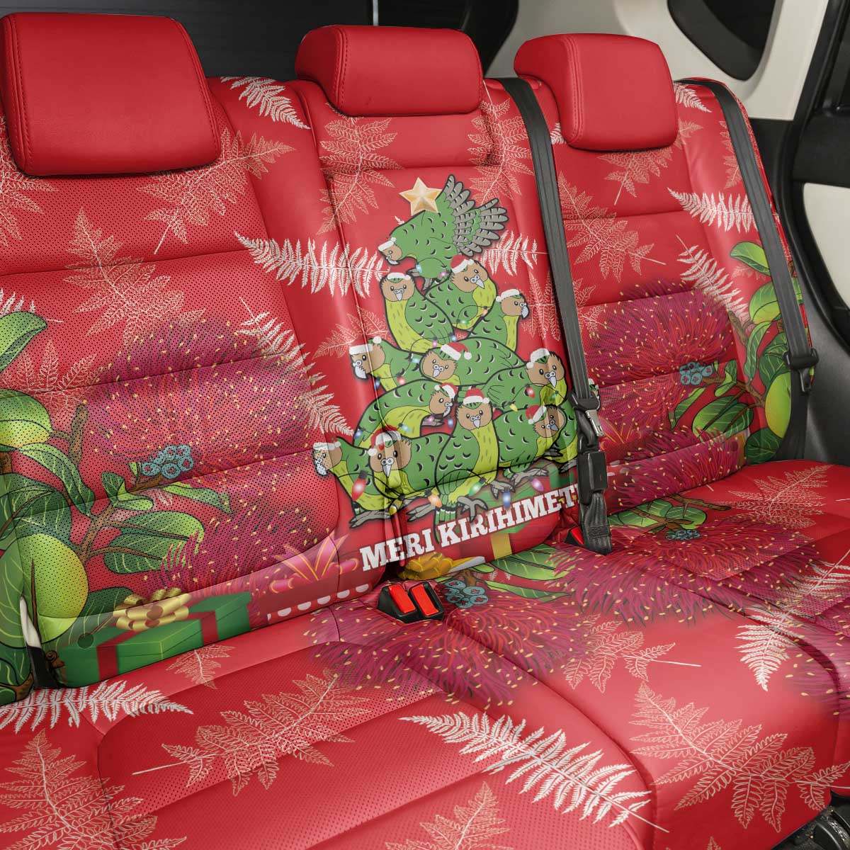 Kakapo New Zealand Christmas Back Car Seat Cover Meri Kirihimete Pohutukawa - Red Color LT14 - Polynesian Pride